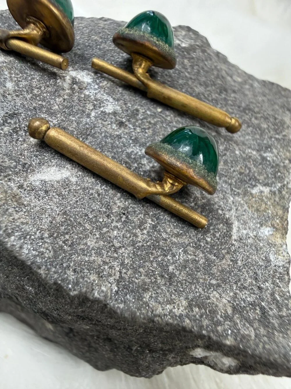 Vintage Set of 3 Green Glass & Brass Button Shirt Studs